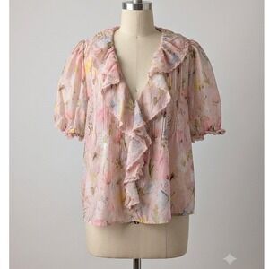 Lucky & Coco Pink Floral Ruffle V-Neck Blouse XL Cottagecore Puff Sleeve